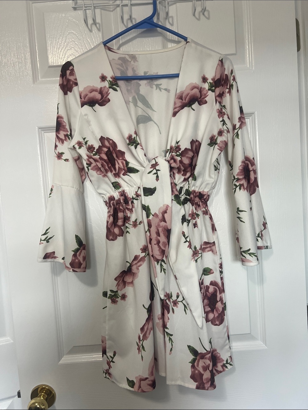 Floral Mini Dress in White with Mauve Roses